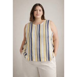 Linen Cotton Striped Sleeveless Top 2X Coastal Resort Beach Breezy
